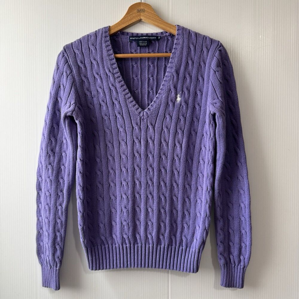 Vintage 90s Ralph Lauren Sport Sweater Women's Medium Purple Cable Knit V Neck